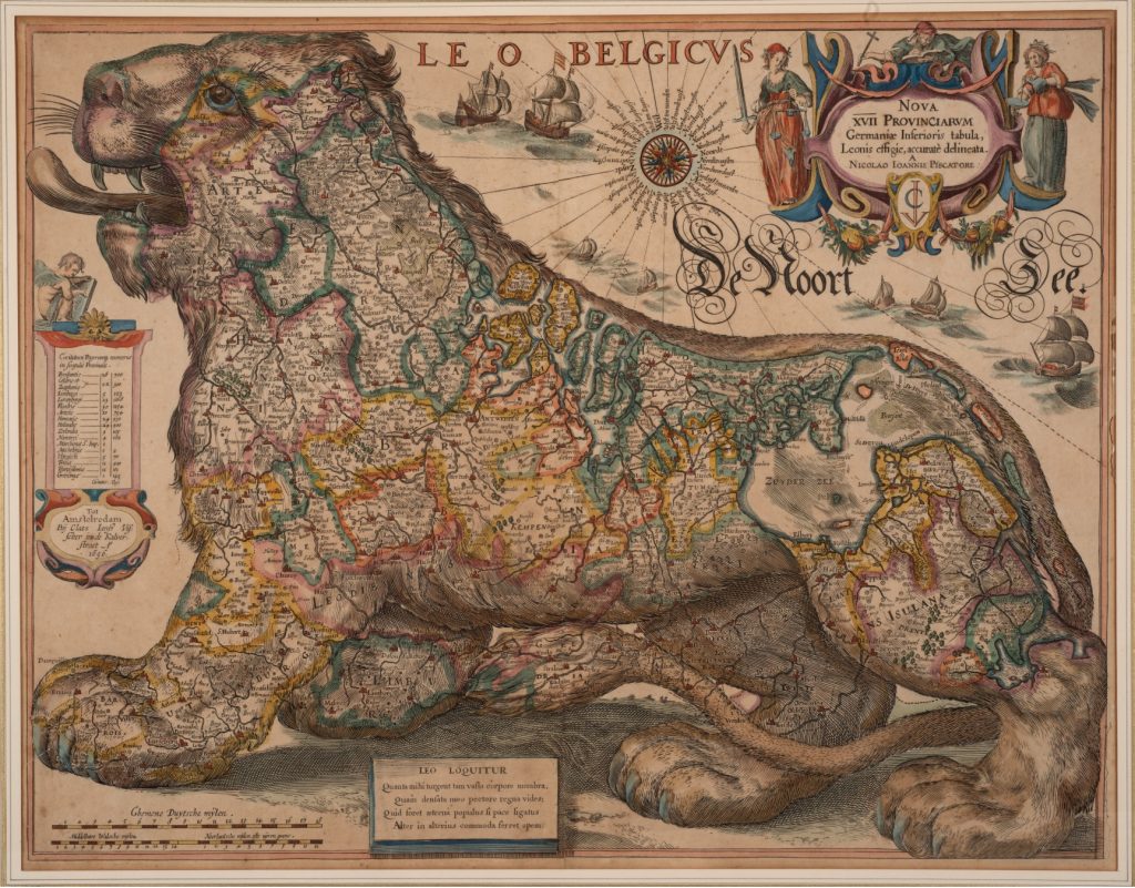 Northern and Southern Netherlands as a Lion, old map in the shape of a lion