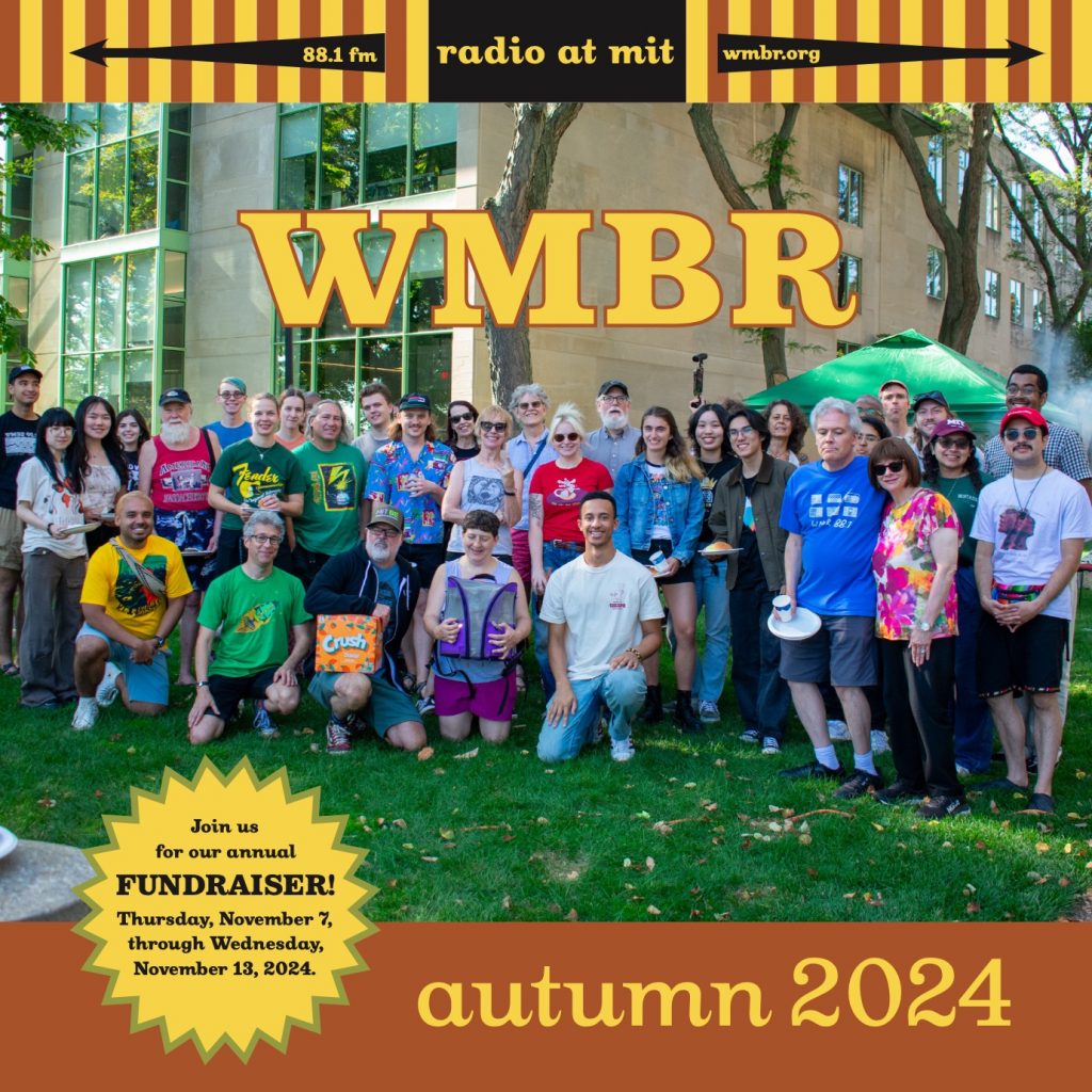 Cover of the WMBR fall program guide showing a photo of many of the members enjoying the fall cook out.