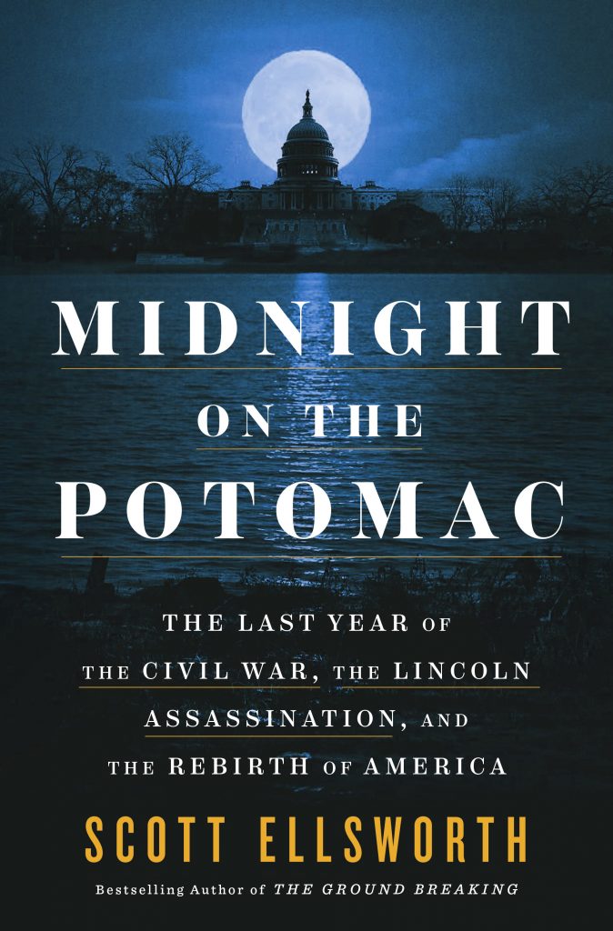 Book cover for Midnight on the Potomac which is a nighttime photo across the water of the Potomac facing towards Washington DC with a full moon showing in back of the dome of the Capitol building. The title, subtitile, and author's name are overlaid.